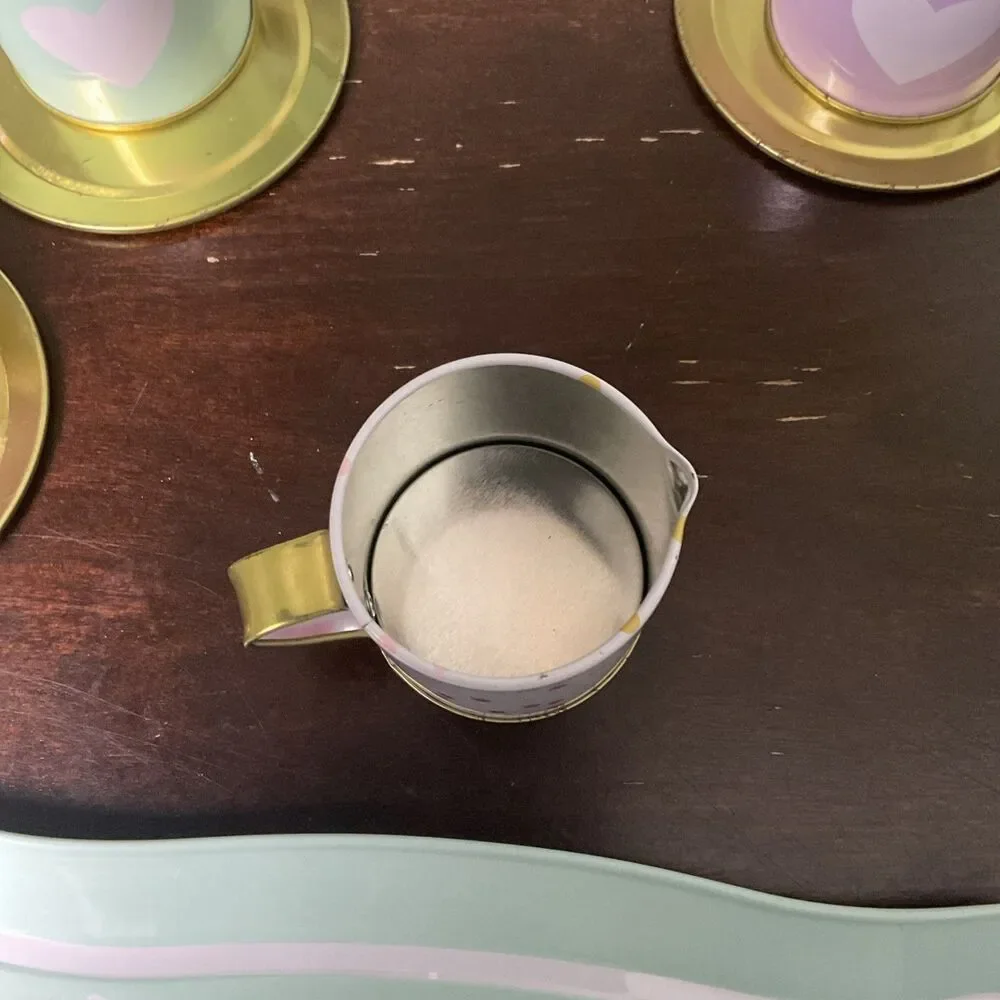 Pottery Barn Kids Play Dish Tin  Set Tray  4 Cups , Sugar and Creamer 4 Saucers